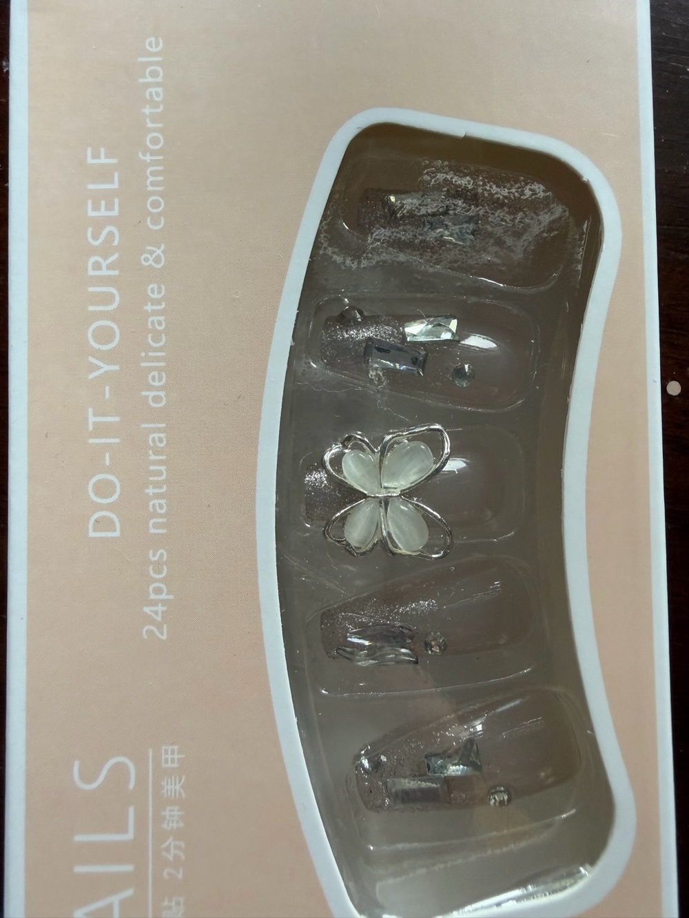 Crystal Accent Clear Press-On Nails with White Floral Detail